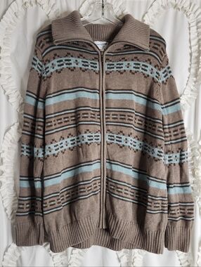 Pendleton Cotton Brown Western Tribal Print Full Zip Chunky Knit Sweater Sz 2X